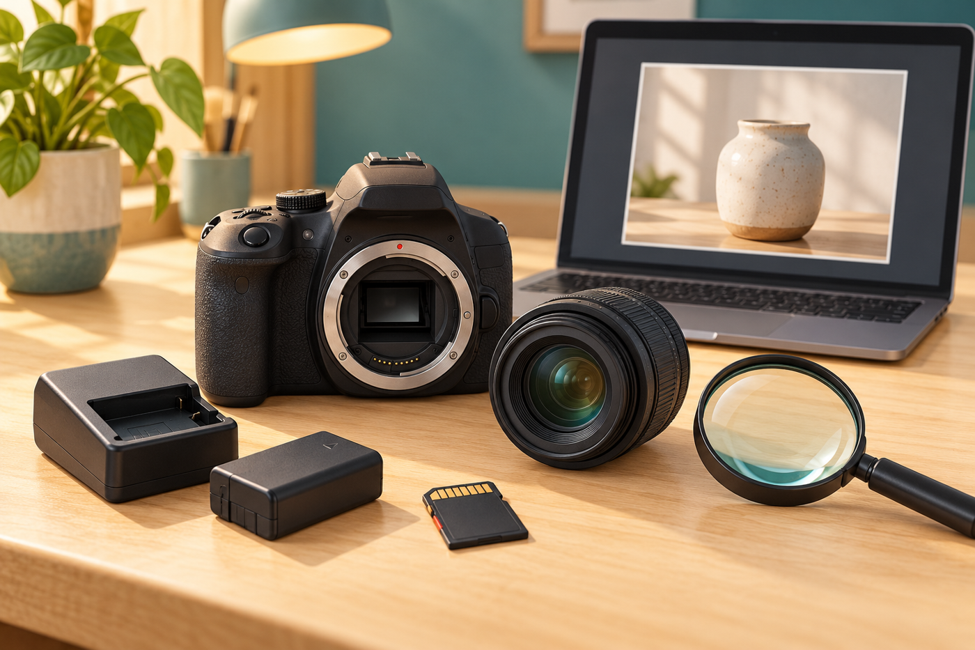 Budget Camera for Product Photography: Five Options 5 Camera body, lens, battery, charger and memory card beside a conceptual test image