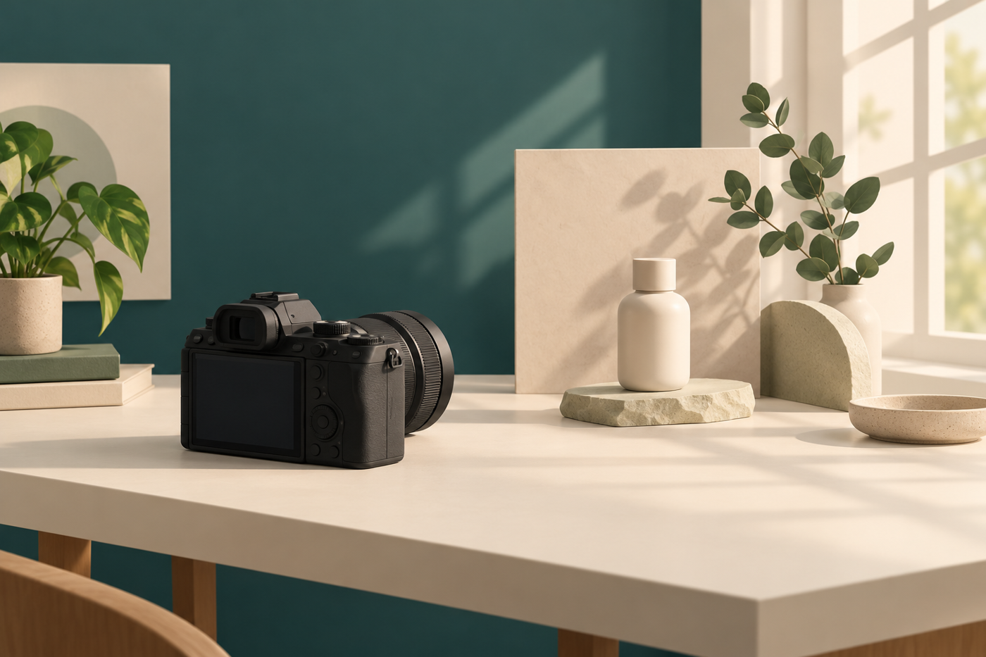 Photography without a tripod concept: camera on a broad tabletop facing a ceramic bottle