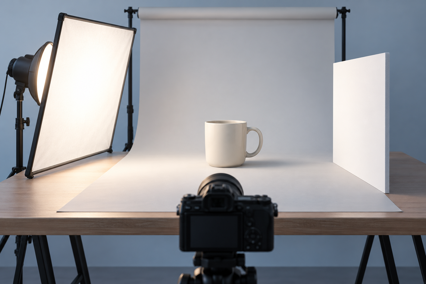 Conceptual tabletop mug photography setup with diffusion panel, reflector and camera