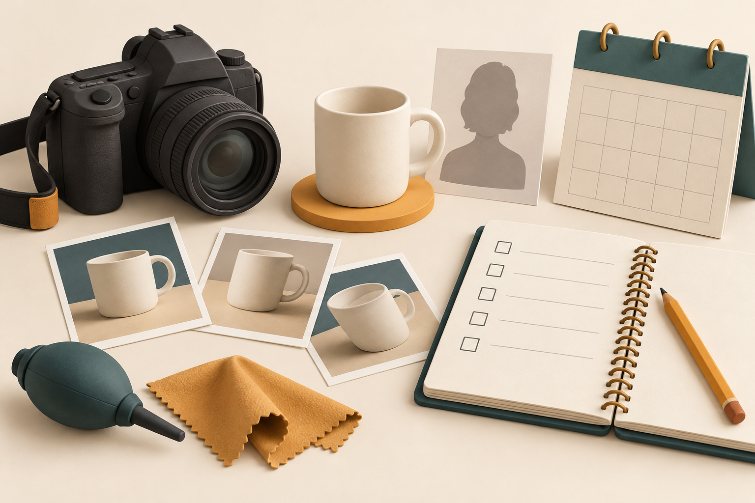 Conceptual camera, test photographs, calendar and pre-session checklist