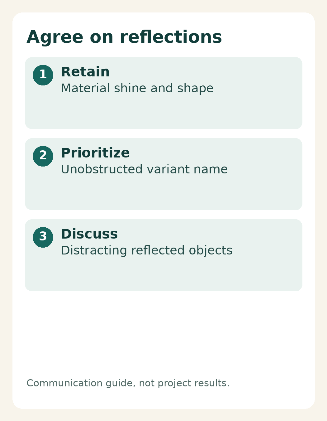 Retain material shine, prioritize a clear variant name and discuss distracting reflections