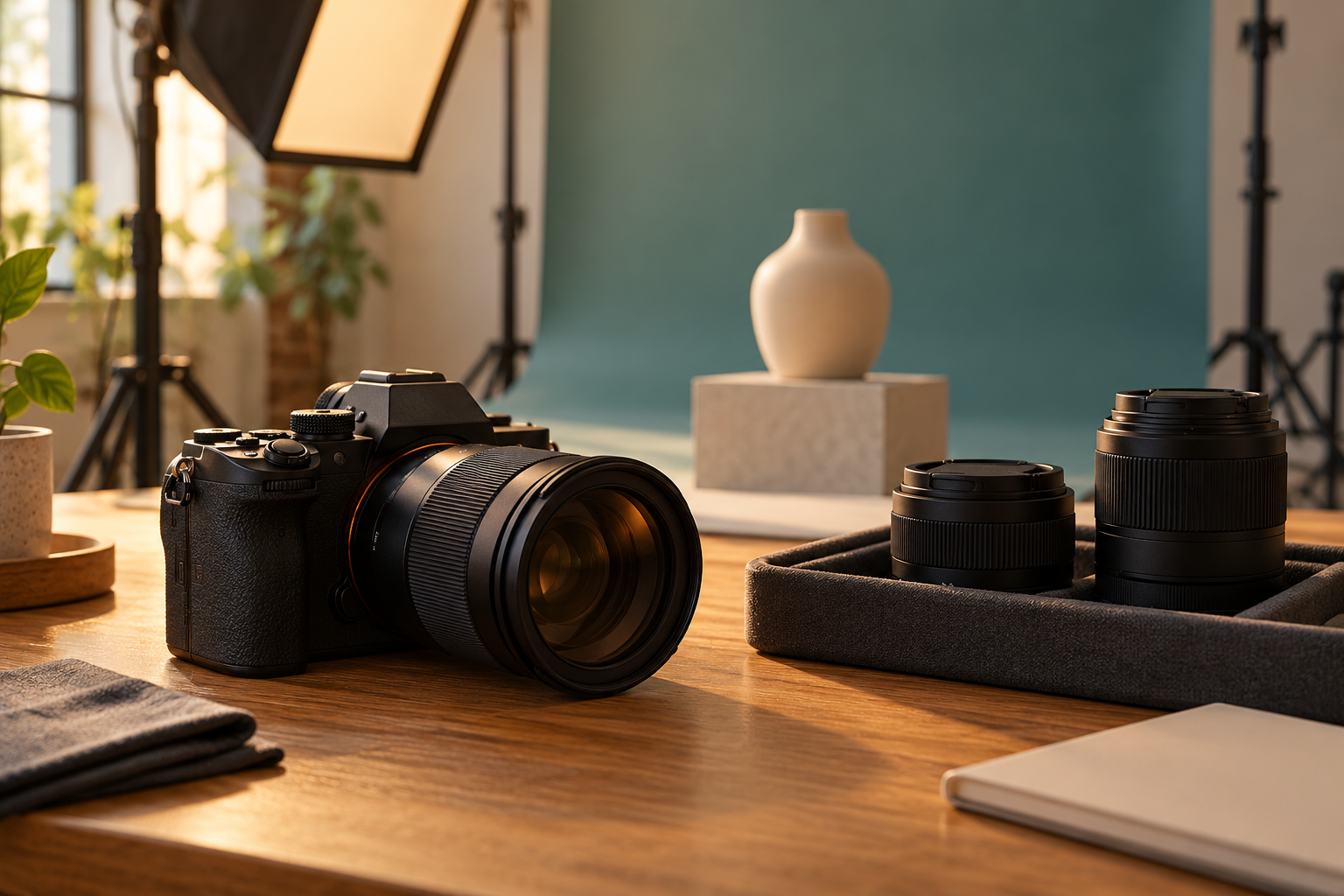 Nikon Z9 5.33 dan Z8 3.12: Perbaikan Respons Lensa 1 Ilustrasi konseptual kamera dan lensa cadangan untuk persiapan sesi foto produk