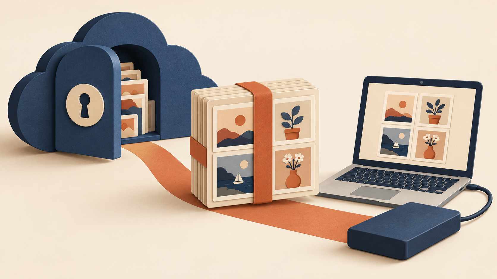 Conceptual bulk photo archive package beside a computer and storage device