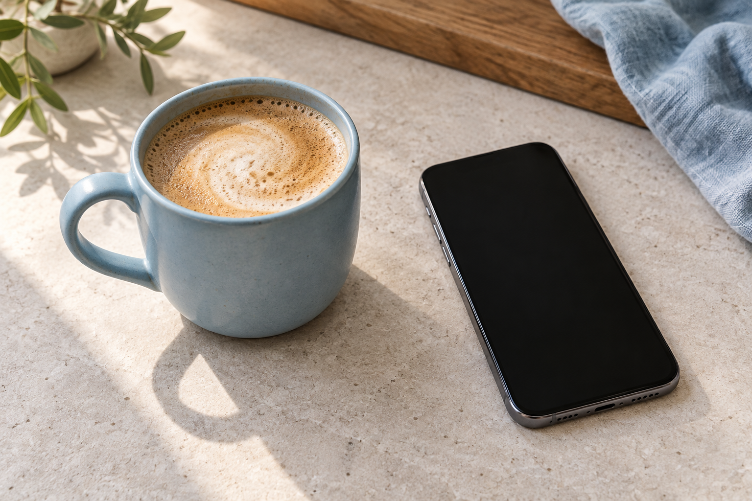 Instagram Photo Editing with VSCO and Snapseed 5 Instagram photo editing concept with a pale blue cup and blank-screen smartphone on a light tabletop
