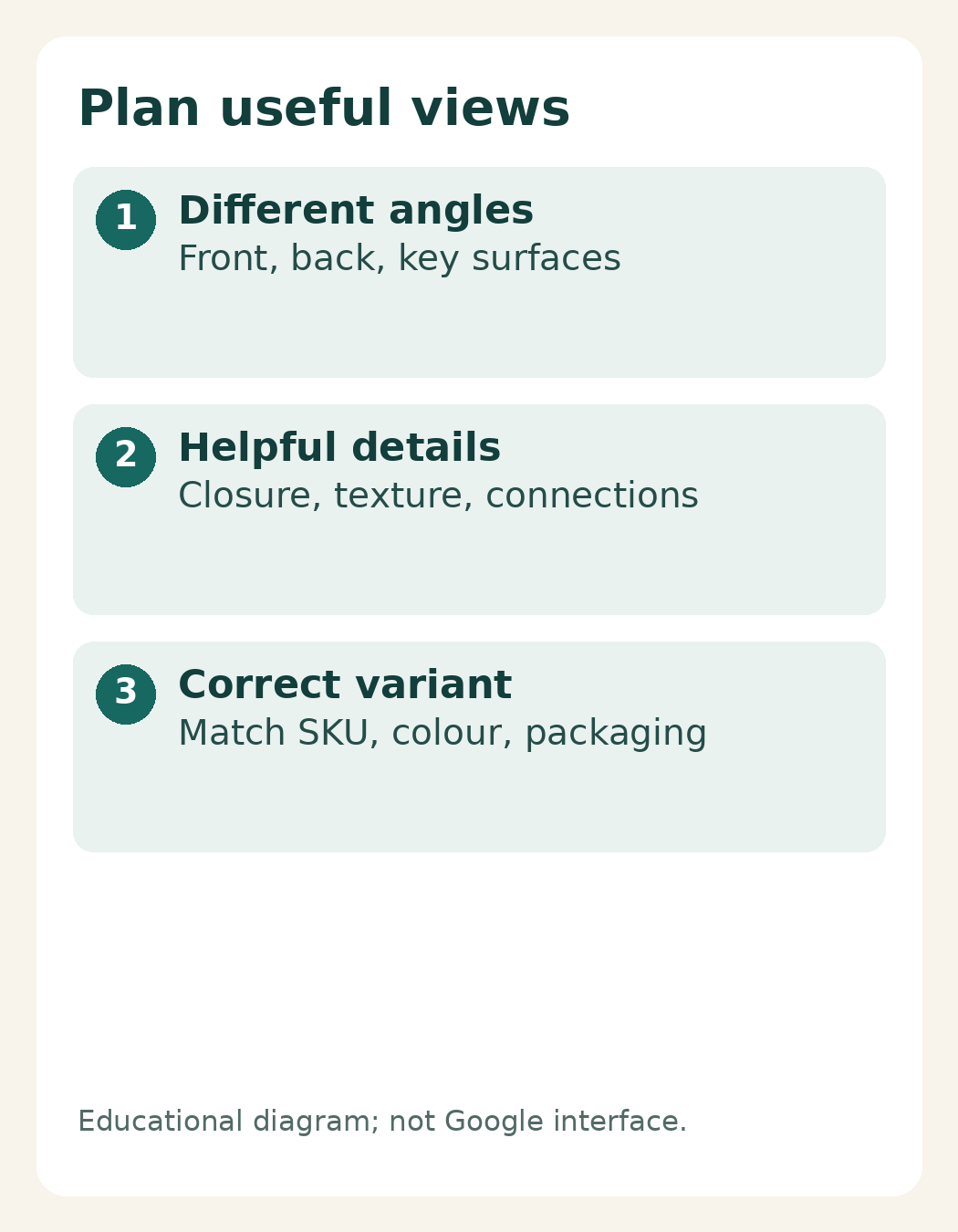 Shot list for useful angles, details and the correct SKU variant