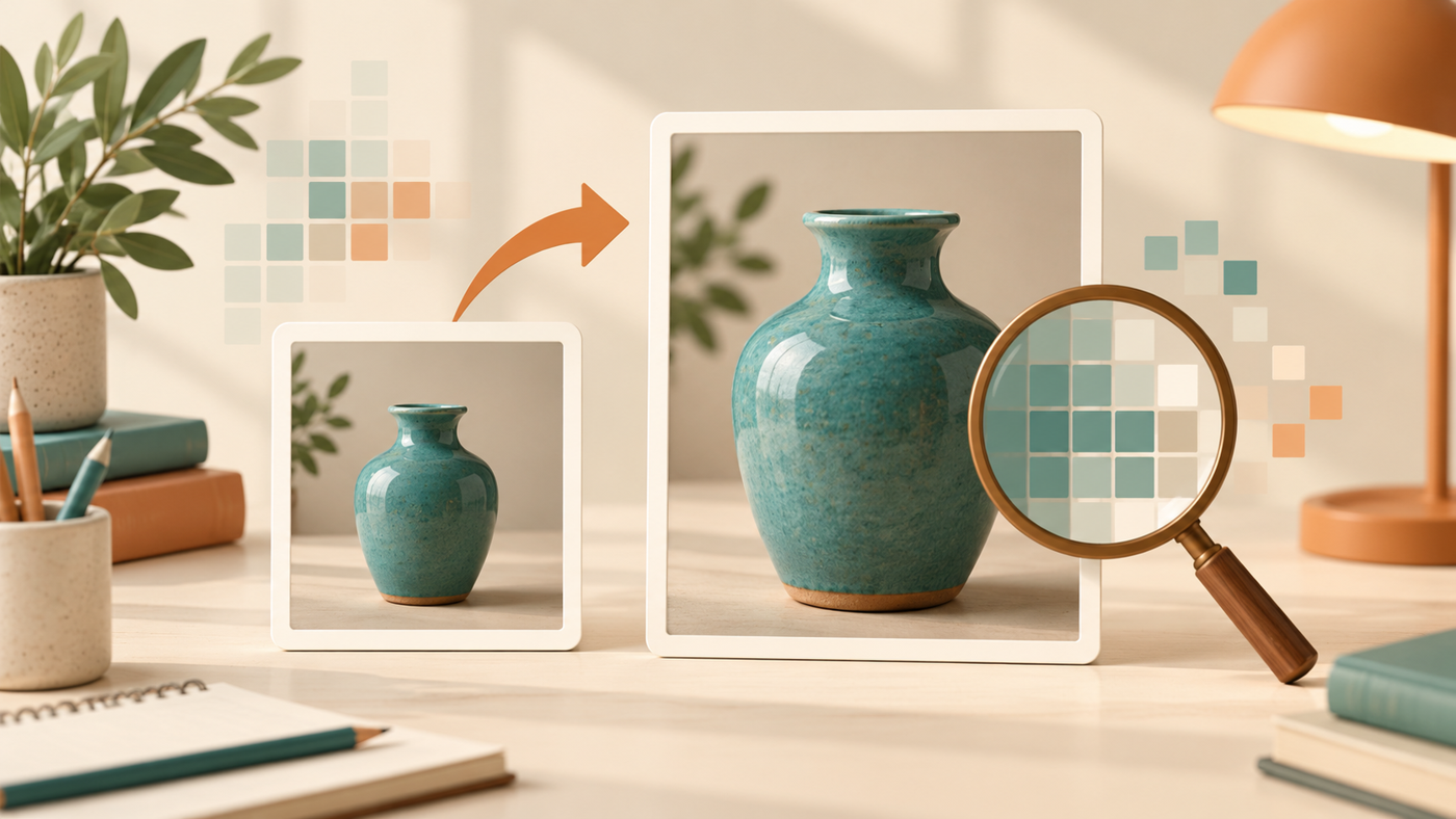 Photo enlargement concept with small and large vase images and a magnifying glass