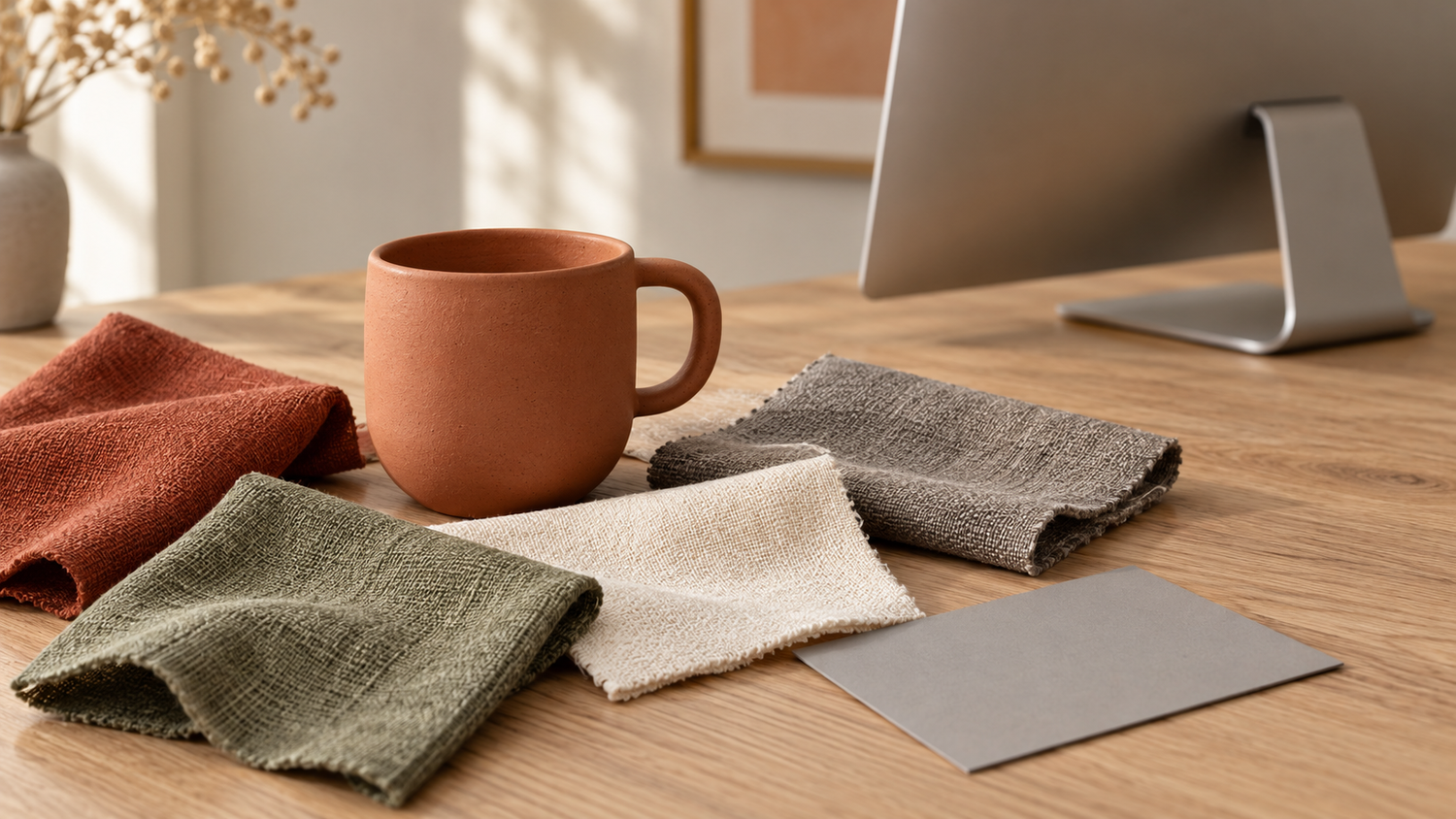 Product Photo Color Reference: Agree before Revisions 6 Product photo color reference illustrated by a terracotta cup, fabric swatches and the back of a monitor