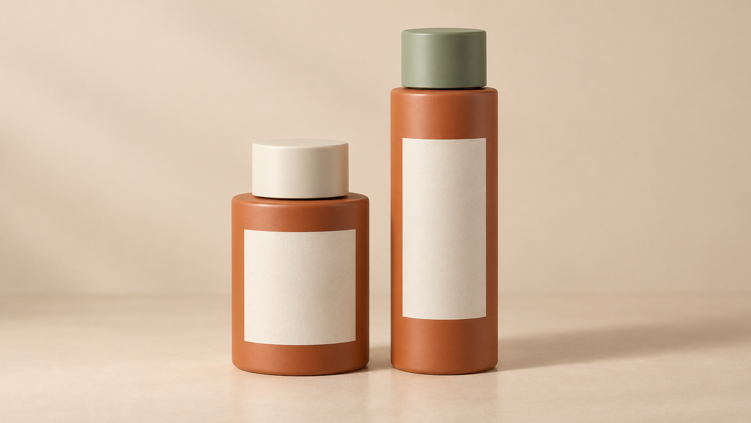 Kemasan Produk Berubah: Foto Mana yang Perlu Dibuat Ulang? 1 Foto ulang kemasan produk: konsep dua botol terakota dengan tinggi dan warna tutup berbeda