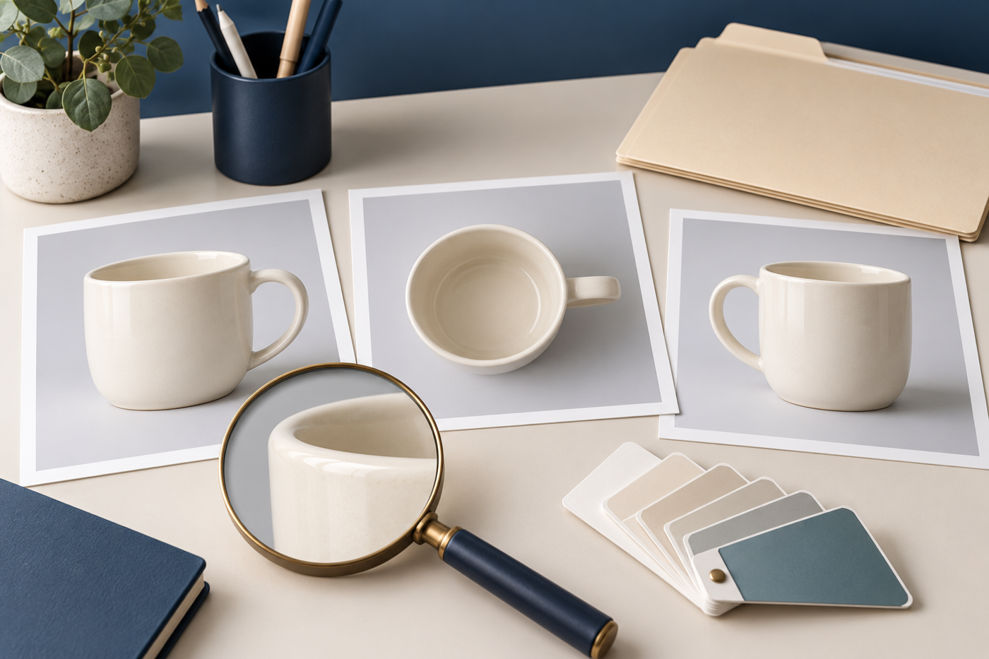Mug image cards, magnified rim detail, colour swatches and a file folder