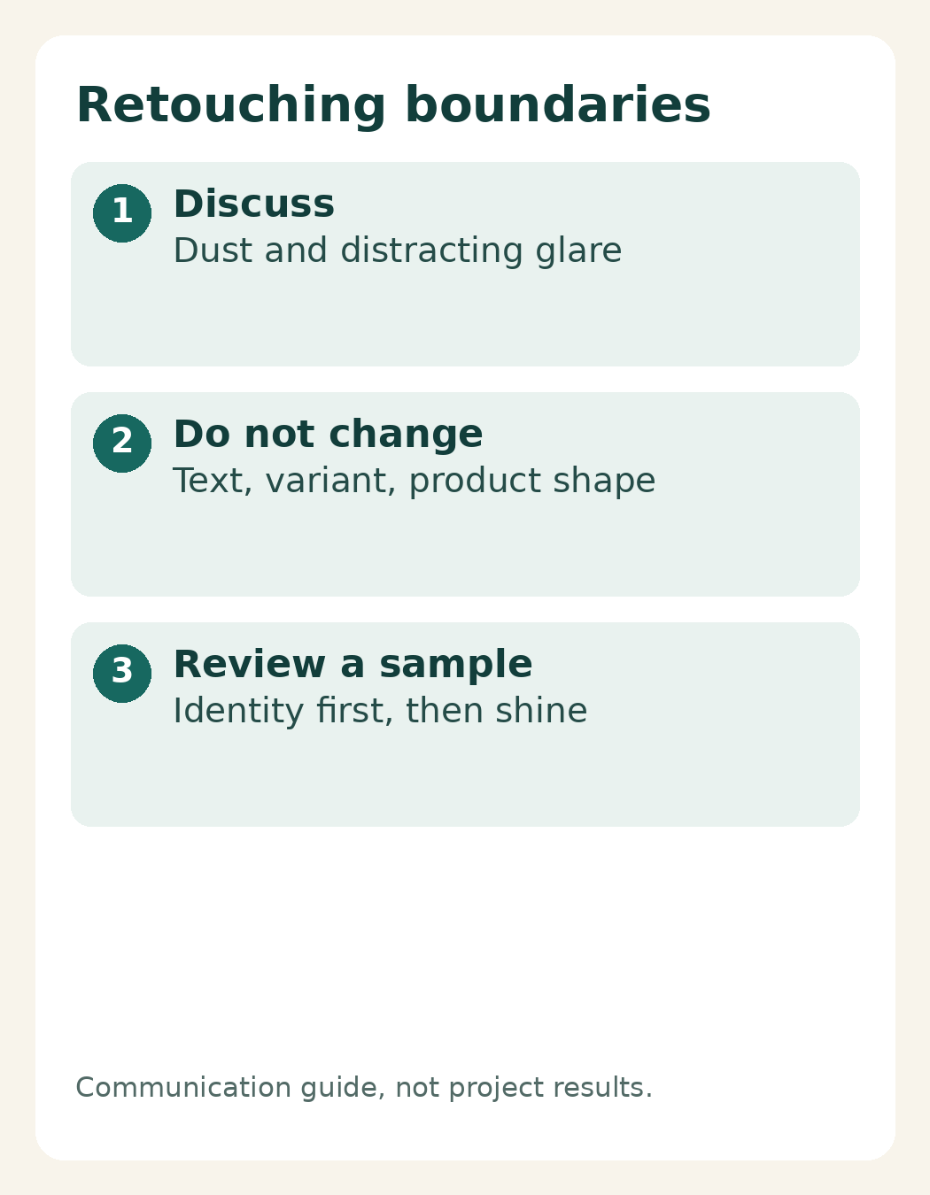 Discuss dust and glare, preserve product text and shape, and review identity before shine