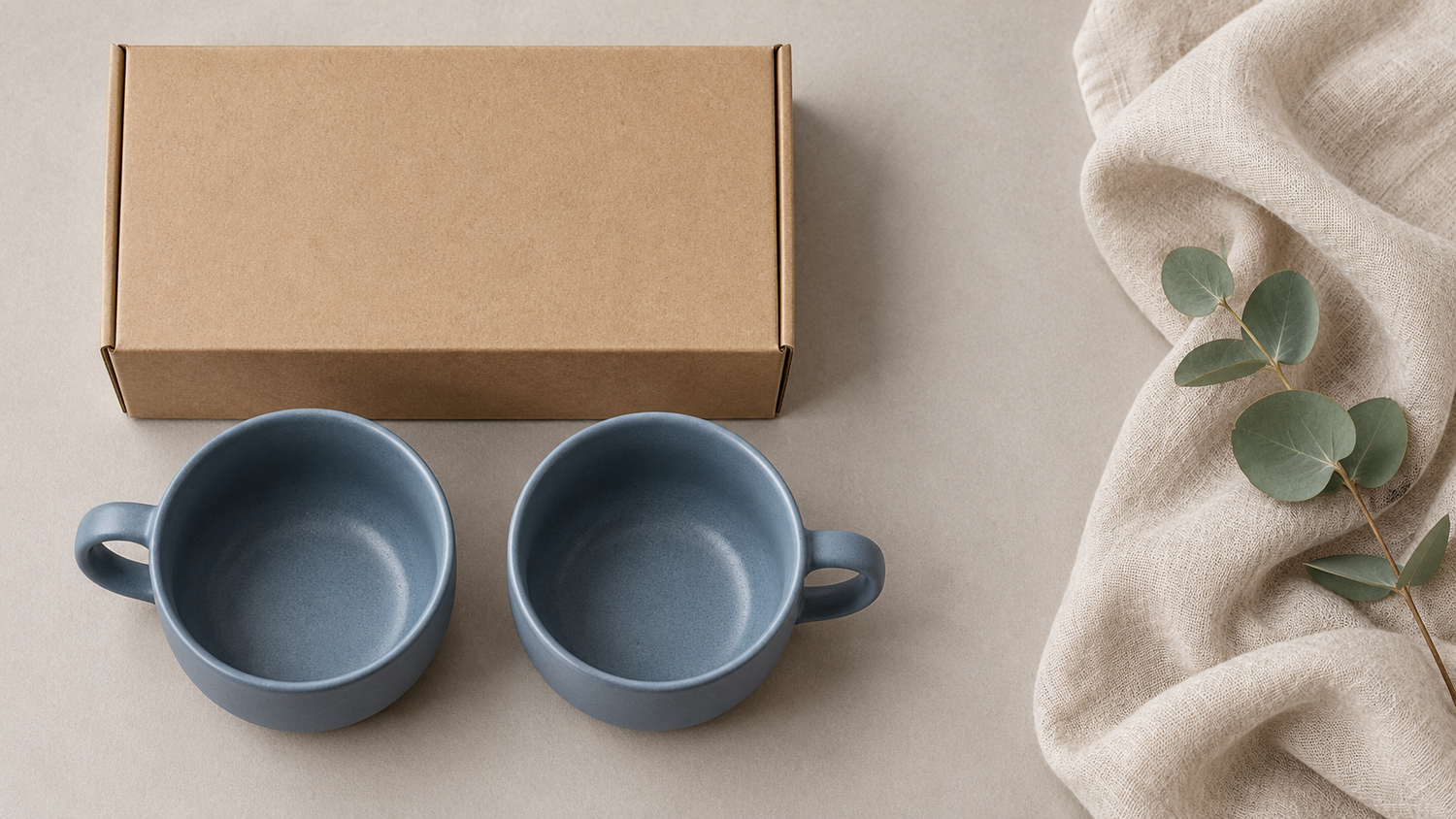Foto Paket Produk: Bedakan Isi yang Dijual dan Properti Pendukung 1 Foto paket produk konseptual: dua cangkir biru dan kotak terpisah dari kain serta daun dekoratif