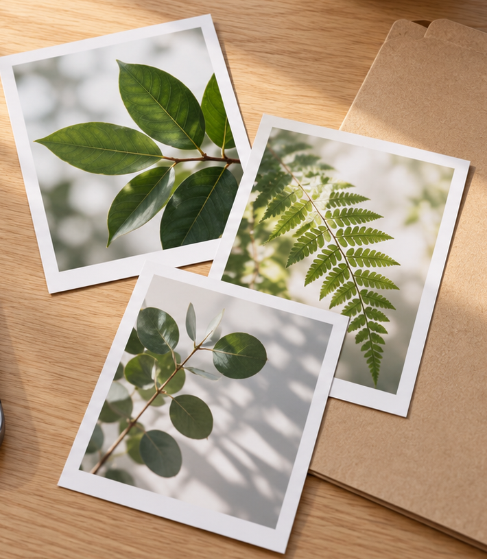 Stop WhatsApp Saving Photos to Your Gallery 5 Detail of botanical photo prints and a kraft folder from the same conceptual still life
