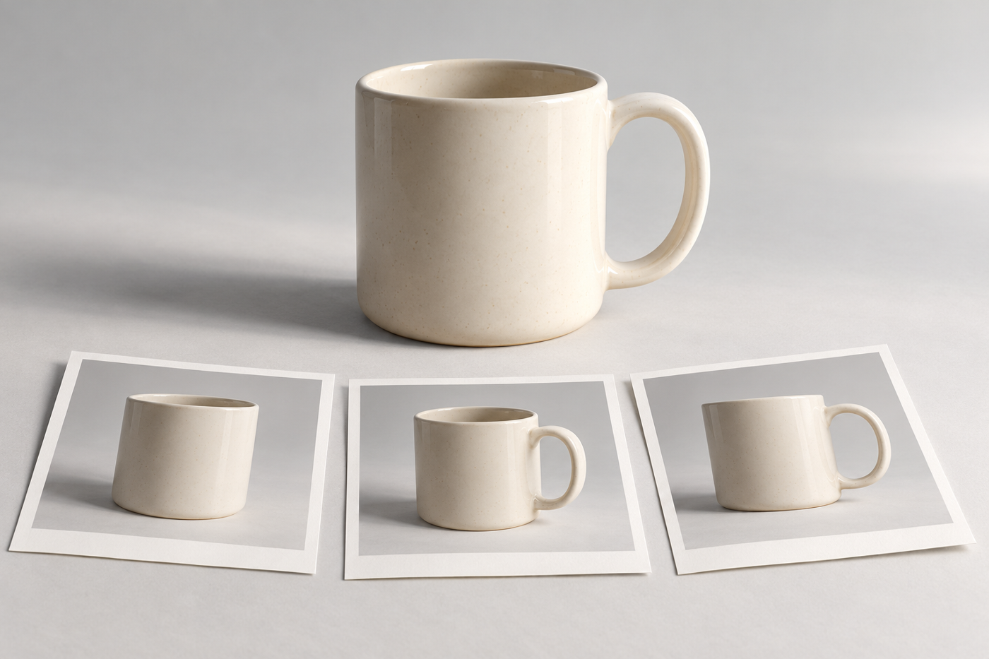 Catalog Product Photography: A Practical Guide for Online Shops 9 Catalog product photography concept with an ivory mug and three product-view cards