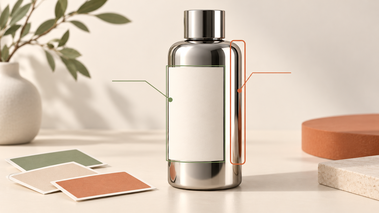 Shiny packaging photography brief concept with metallic bottle, blank label area and edge reflection