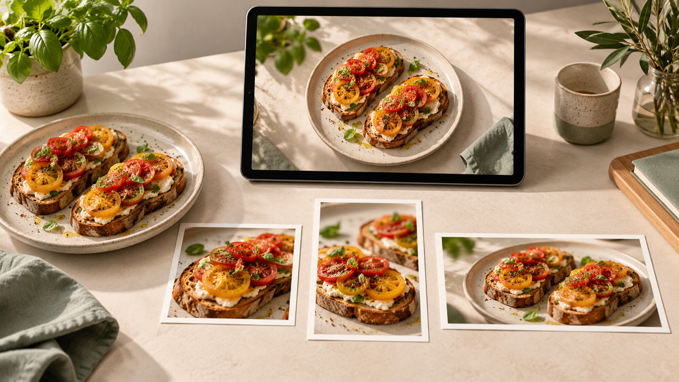 Natural Light Food Photography: A Practical Client Guide 5 Conceptual planning scene with food photographs in square, portrait and wide layouts