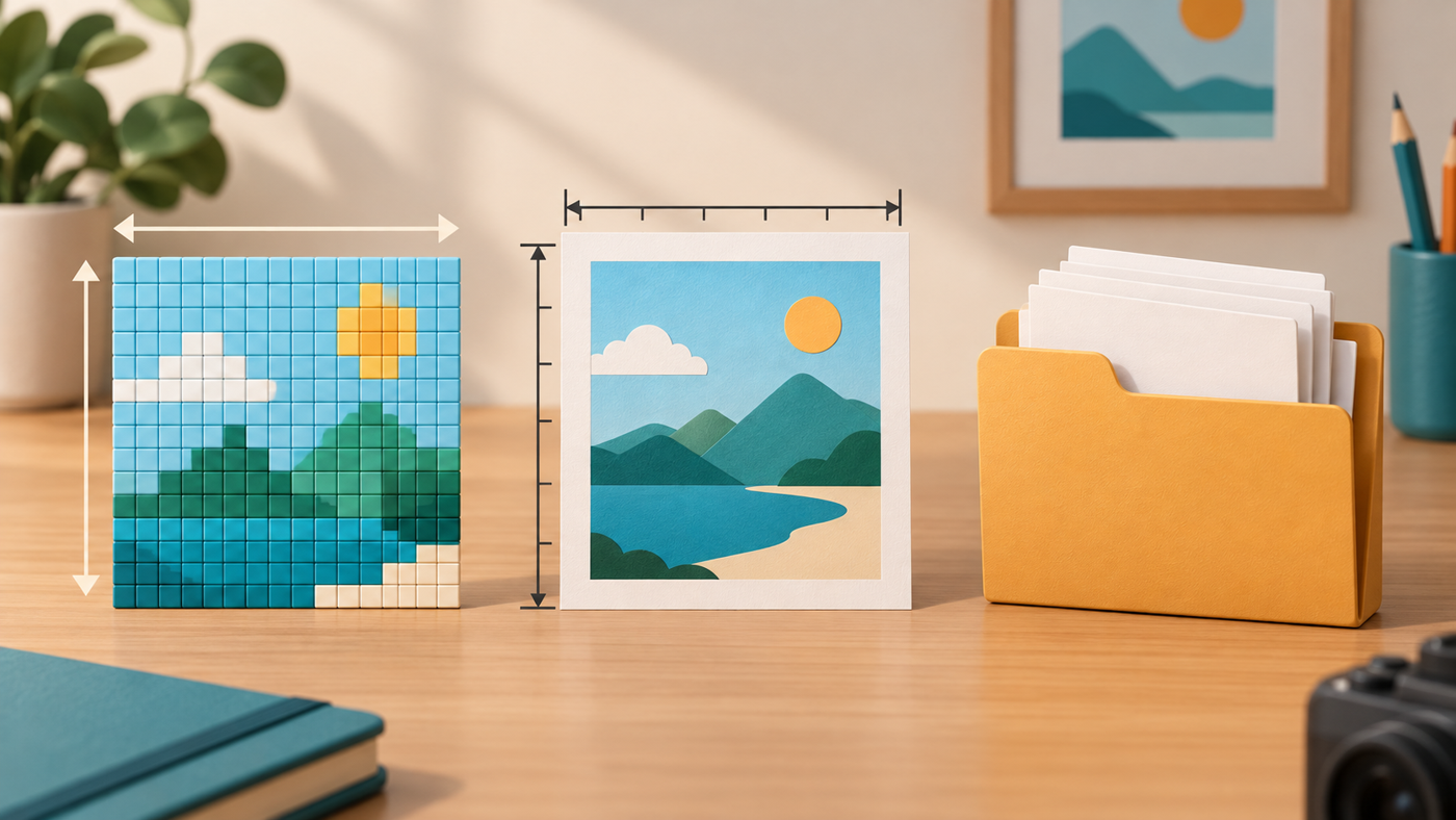 Photo Enlargement: Resize Images with Realistic Expectations 3 Pixel mosaic, paper print with measurement marks and folder representing different image measurements