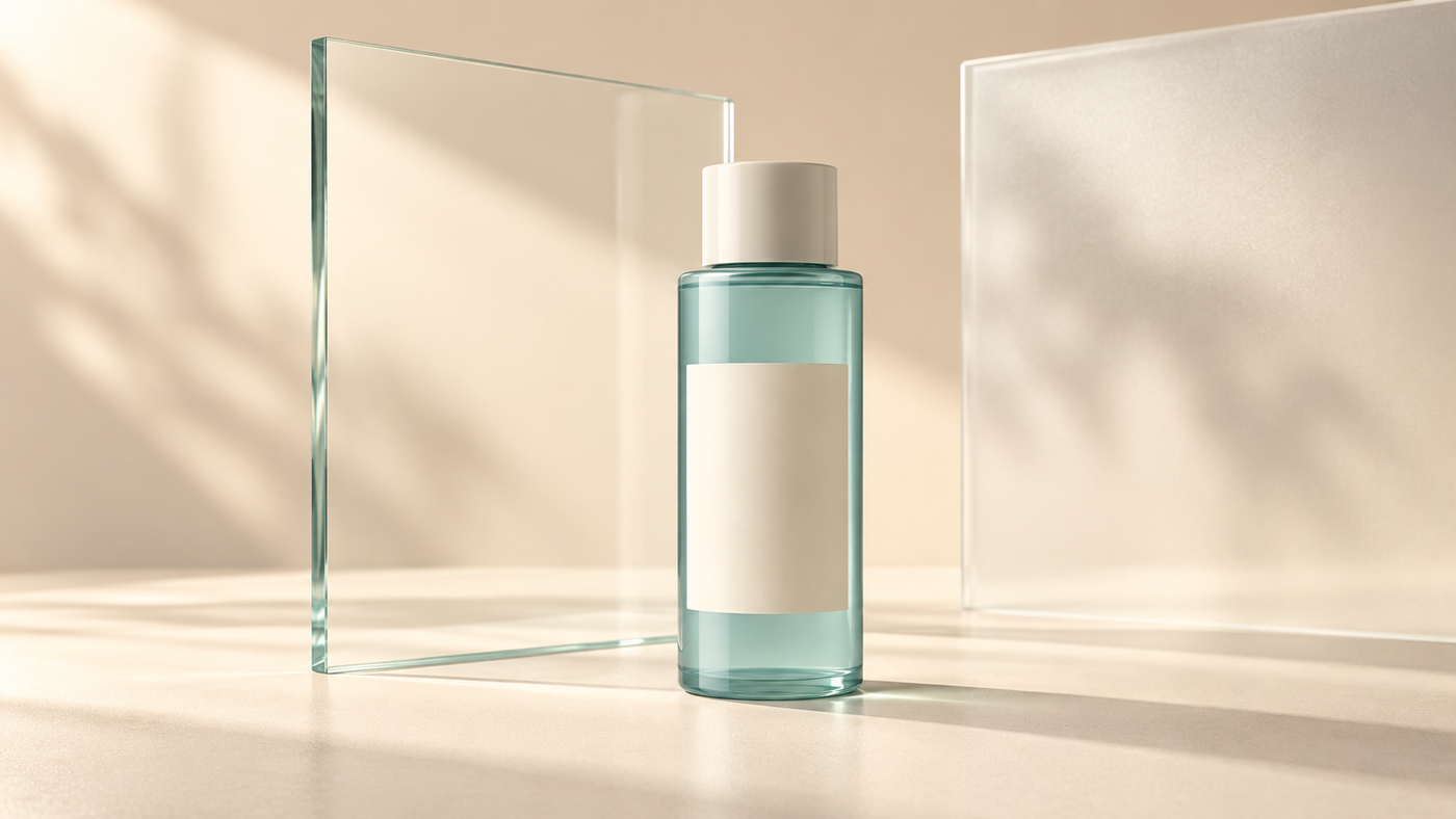 Product Photography Props: Glass, Mirrors and Water 3 Transparent glass panel beside a teal bottle with a blank label