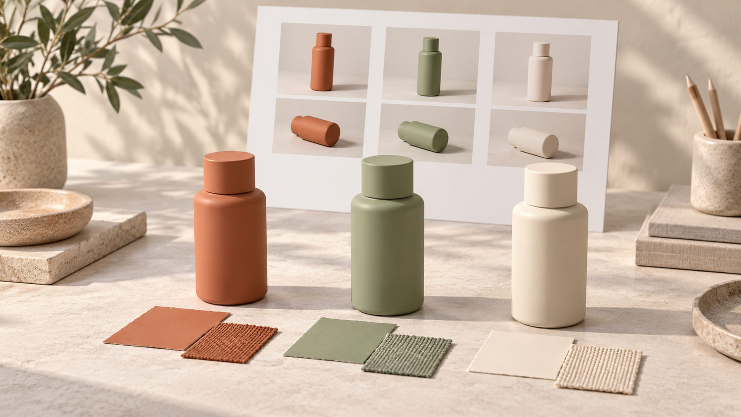 Product Photos for Multiple Variants: Build an SKU Image Matrix 8 Product photos for multiple variants concept with terracotta, green and cream bottles and image sheet
