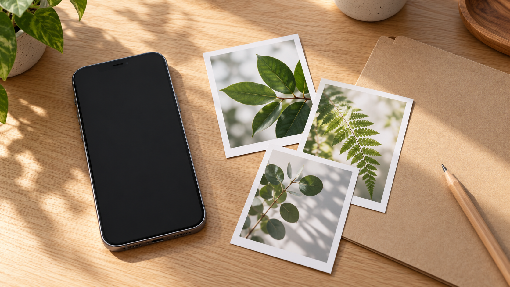 Stop WhatsApp Saving Photos to Your Gallery 1 Blank-screen smartphone beside botanical photo prints and a kraft folder on a wooden desk