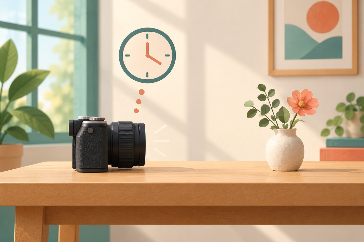Camera supported on a level table with a clock symbol representing delayed release