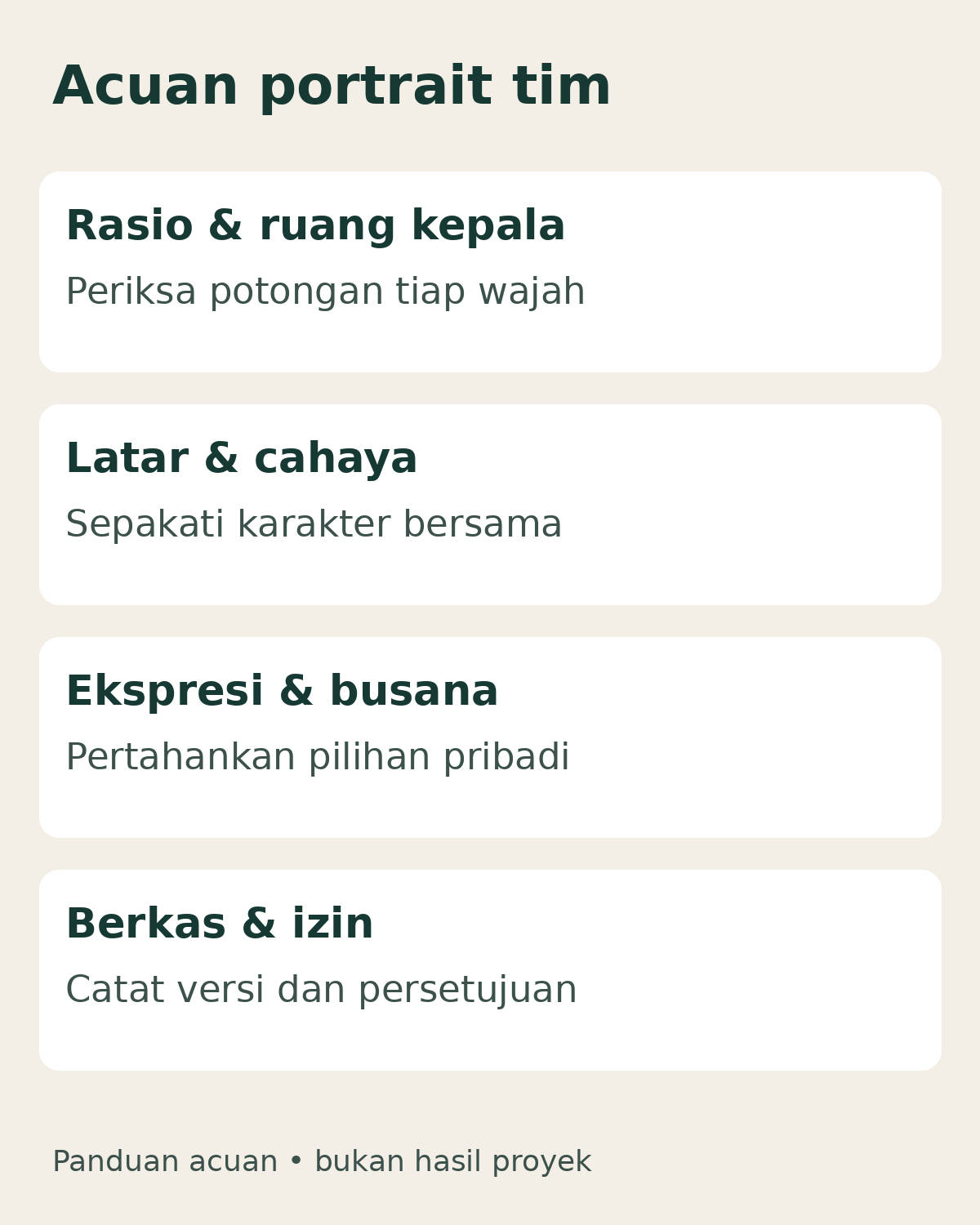 Acuan portrait tim: rasio dan ruang kepala, latar dan cahaya, ekspresi dan busana, berkas dan izin