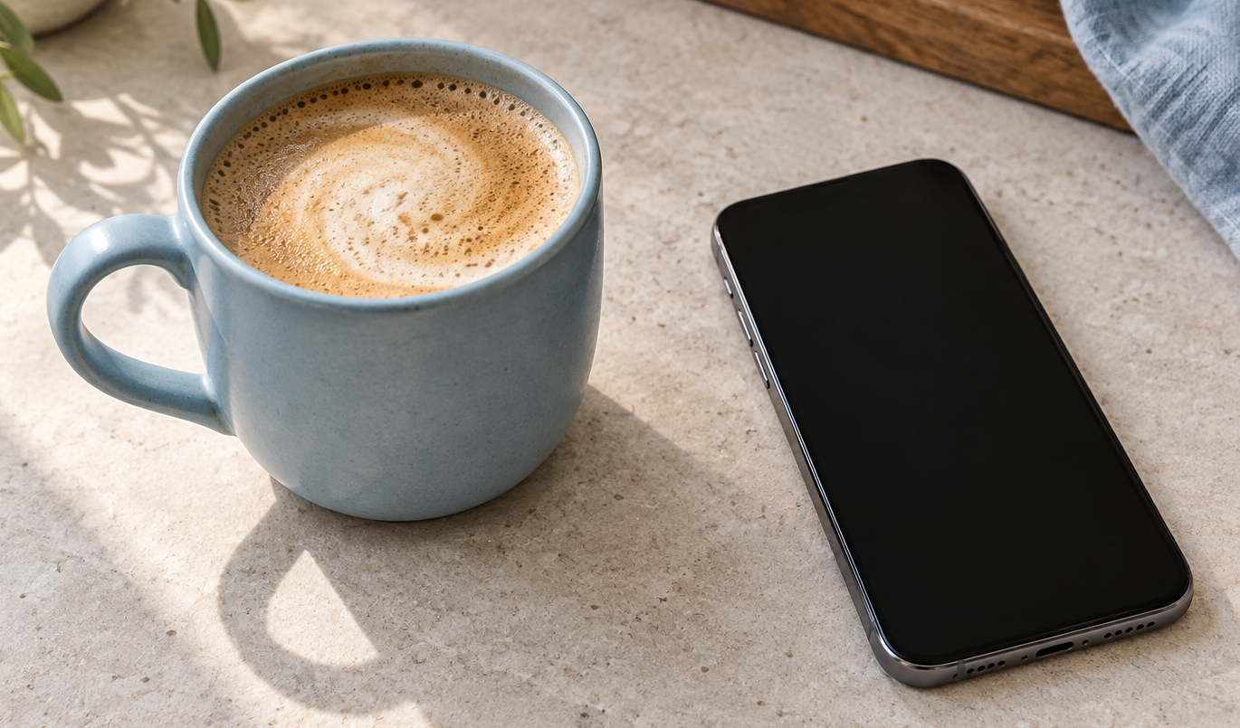 Composition crop retaining the cup handle and the blank-screen phone within the frame