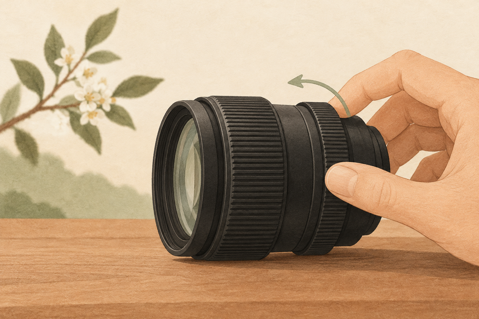 Illustration of a hand rotating a lens ring with a curved arrow