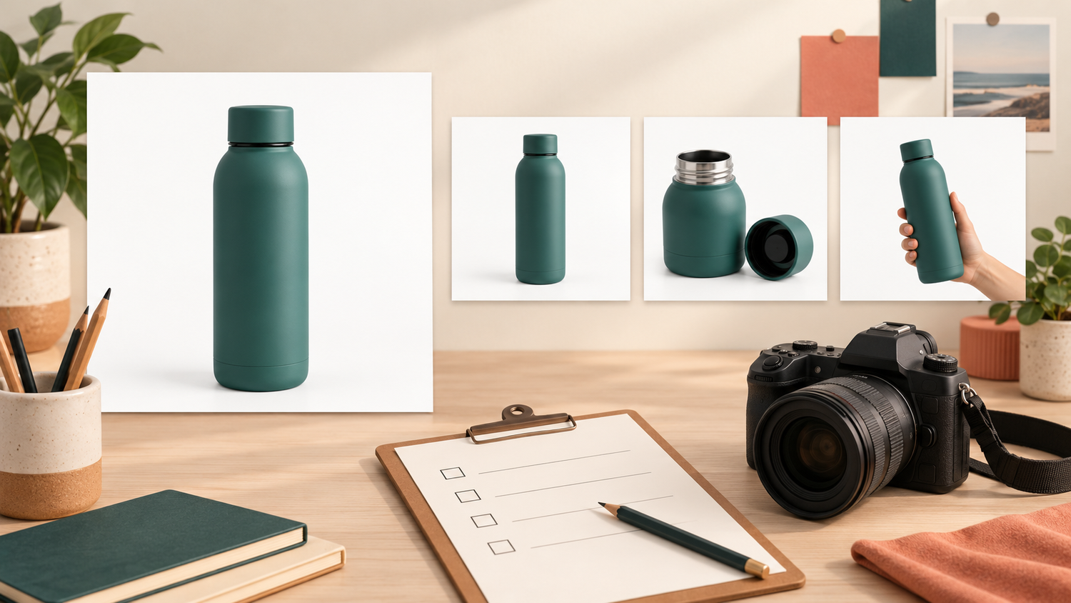 Ilustrasi rencana foto produk Google Merchant Center dengan gambar utama dan pendukung