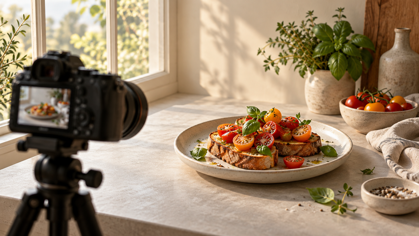 Natural light food photography concept with tomato toast beside a window and a camera on a tripod