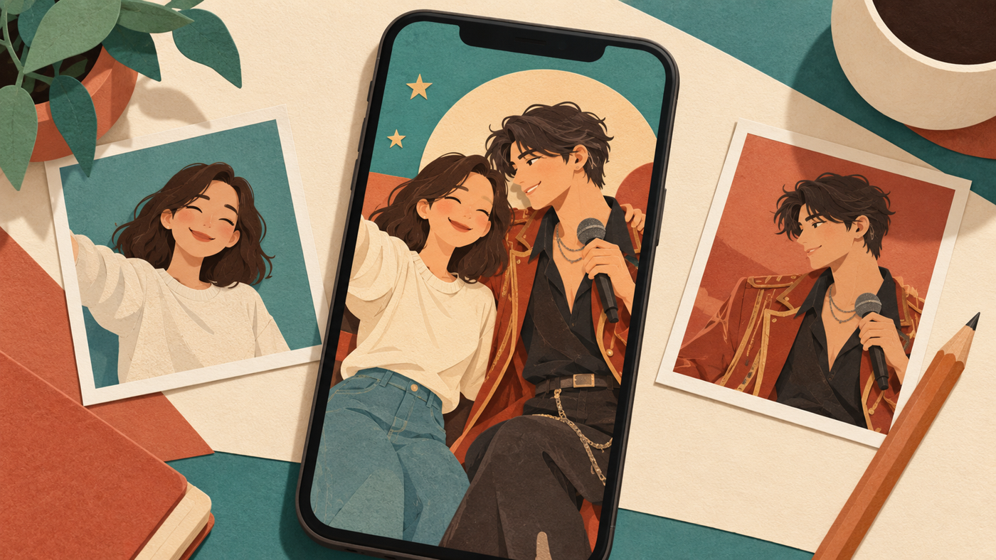 Illustrated fan photo composite on a phone beside two separate fictional character portraits