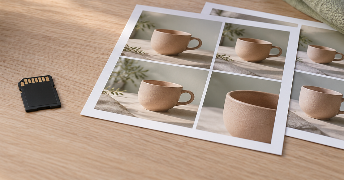 Same-source conceptual detail of a memory card and contact sheets