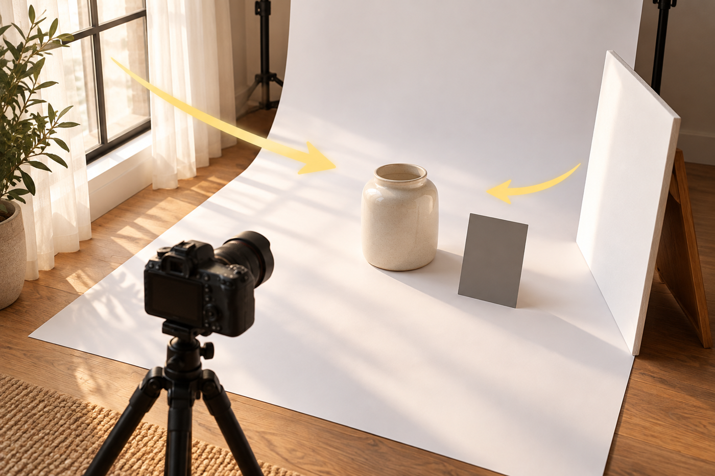 Budget Camera for Product Photography: Five Options 4 Window light and a reflector around a ceramic jar on a white sweep
