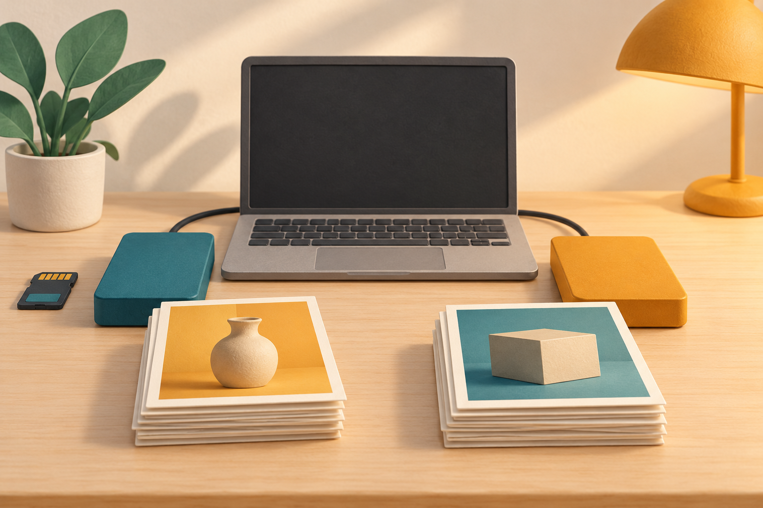 Conceptual computer, two storage devices, memory card and separate photo files