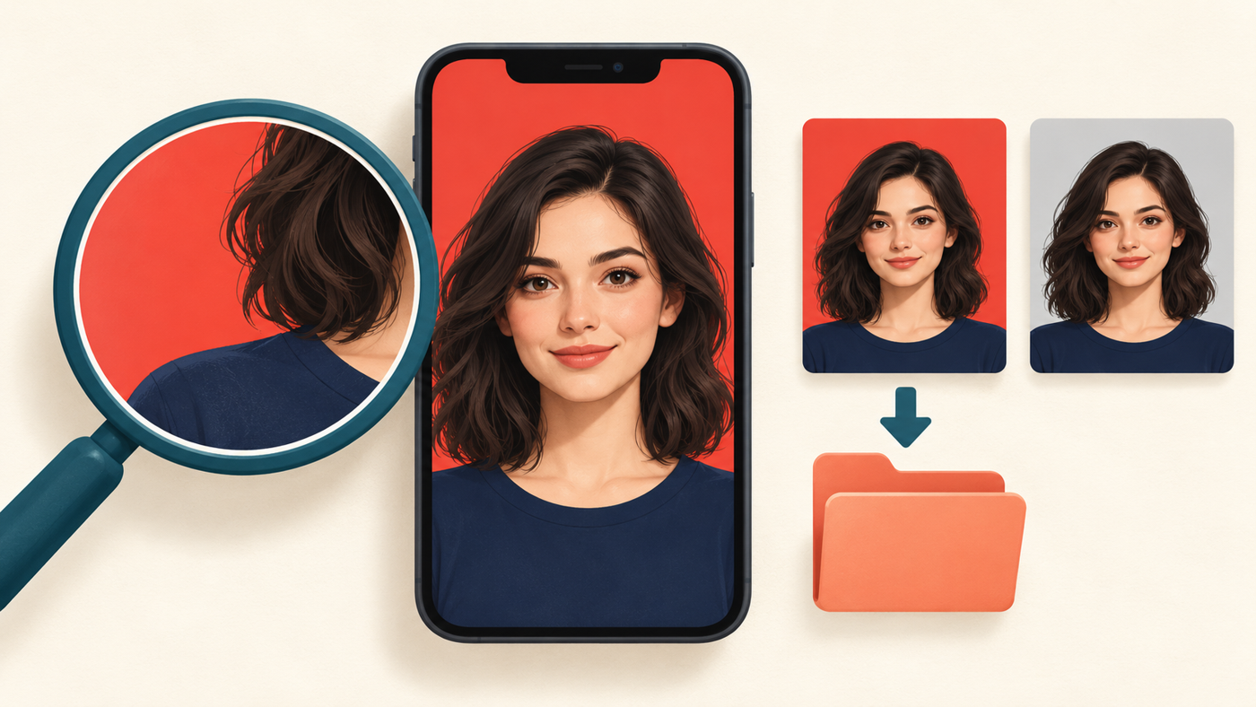 Magnifier showing a portrait hair-and-shoulder edge beside a red-background phone image and saved-file folder