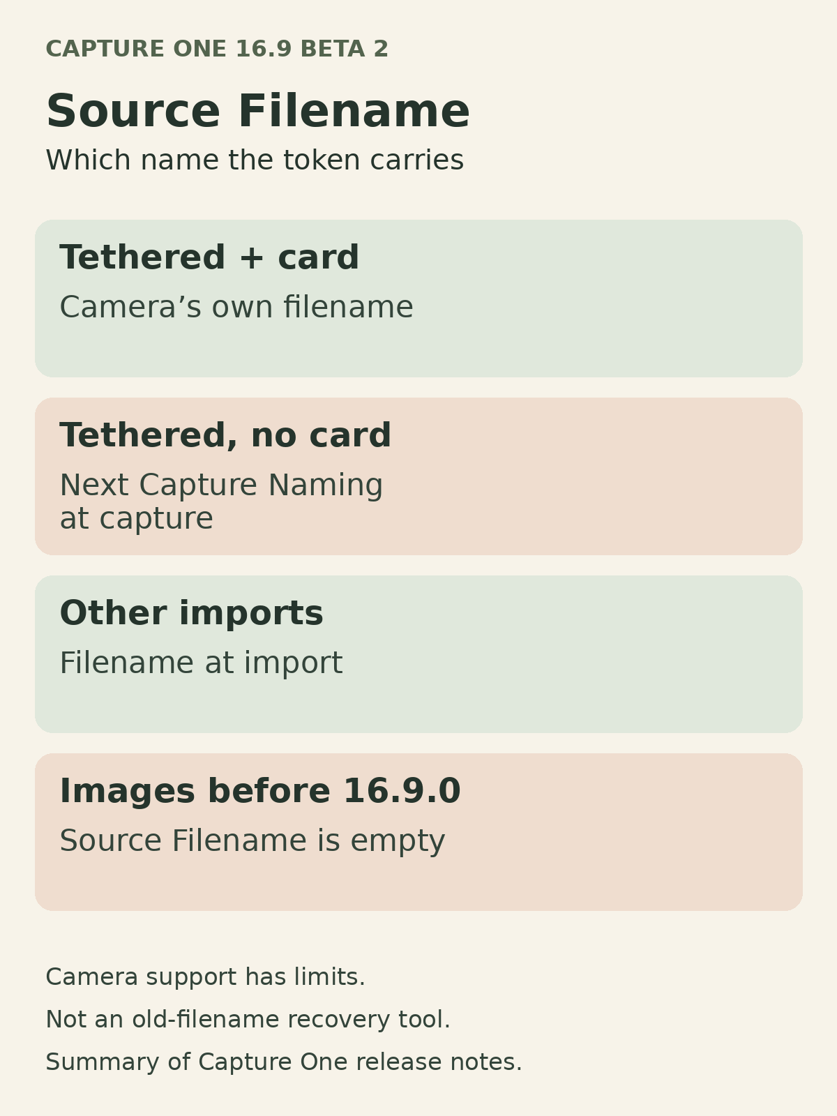 Source Filename summary for four image origins in Capture One 16.9 Beta 2