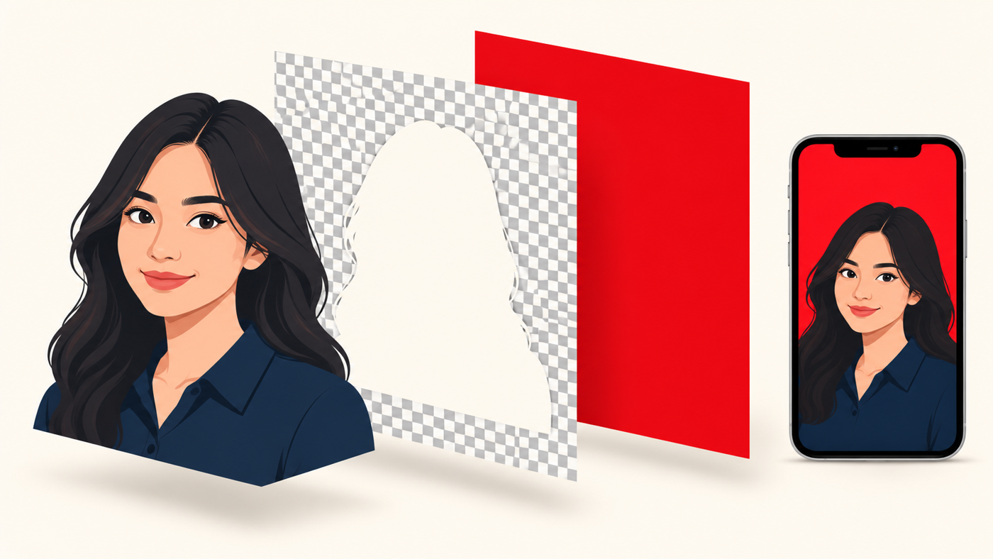 Conceptual portrait cutout, checkerboard plane and red backing beside a phone