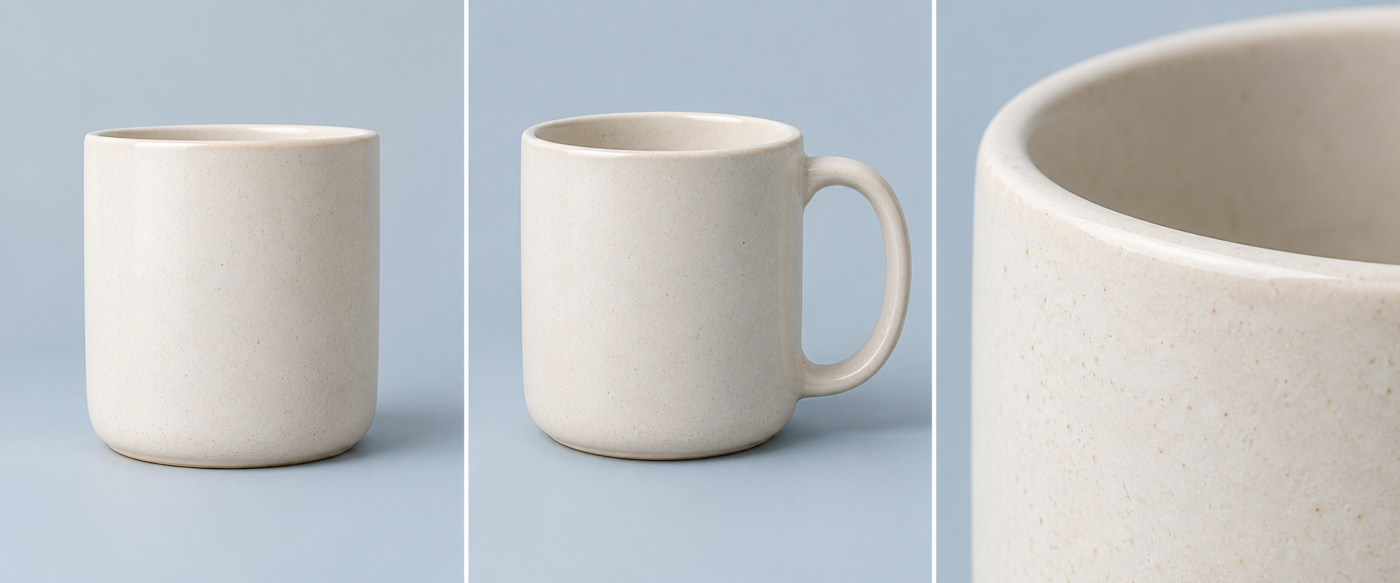 Three conceptual mug views showing the full shape, handle and rim detail