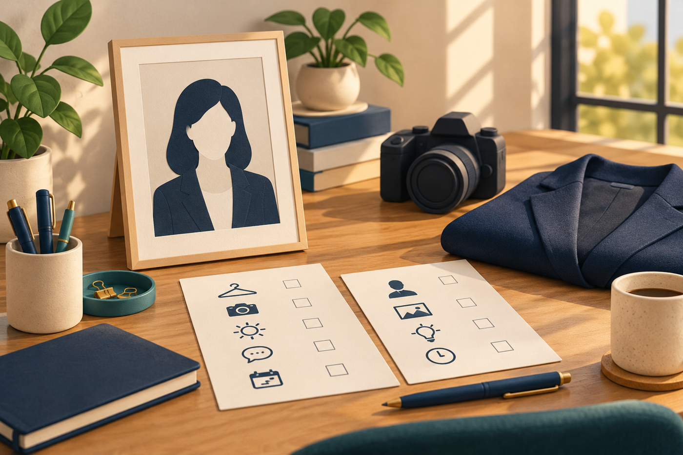 Persiapan Foto Portrait Bisnis di Yogyakarta: Tujuan, Referensi, Lokasi 6 Meja konseptual berisi bingkai portrait, kamera, pakaian dan checklist