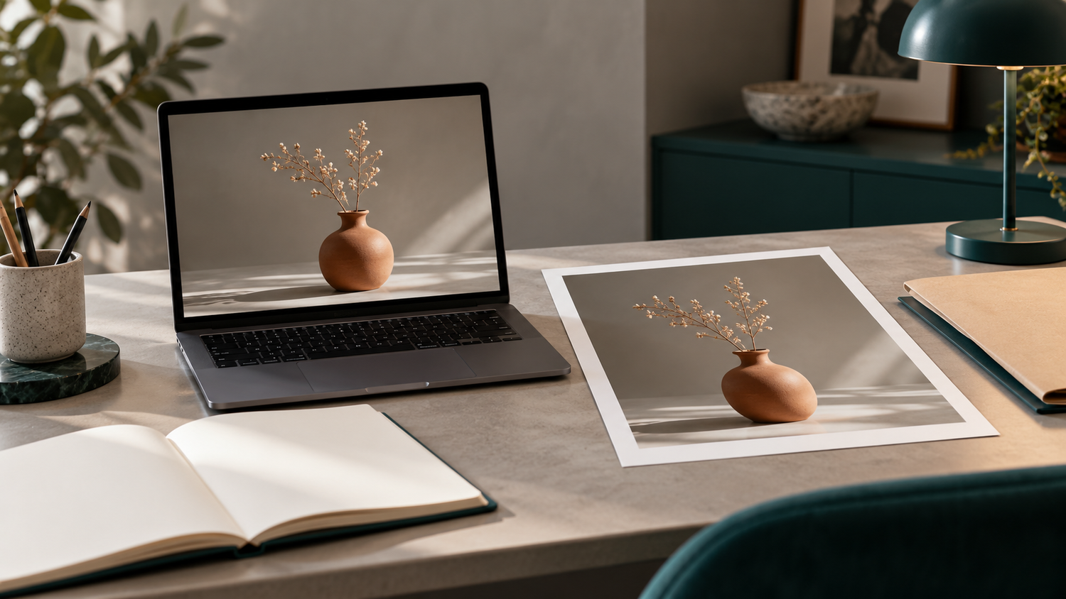 File Foto untuk Website dan Cetak: Apa yang Perlu Anda Minta? 1 Ilustrasi file foto untuk website dan cetak pada laptop dan lembar foto vas generik