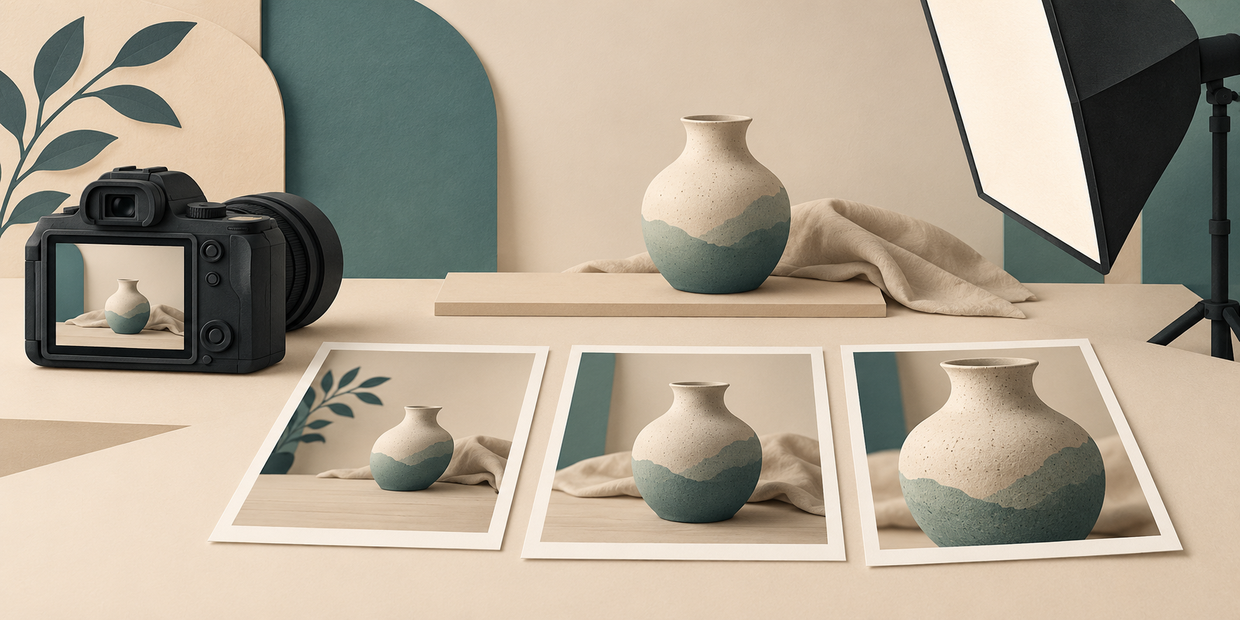 Conceptual camera and three ceramic vase photograph compositions