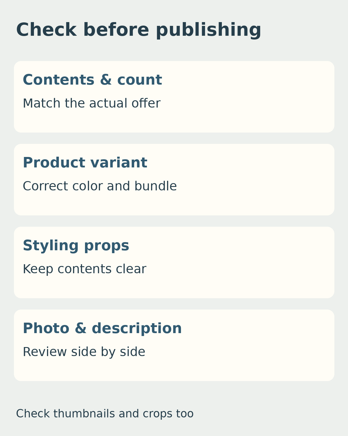 Product Bundle Photos: Separate Included Items from Styling Props 5 Bundle photo checklist: contents and count, variant, props and matching description