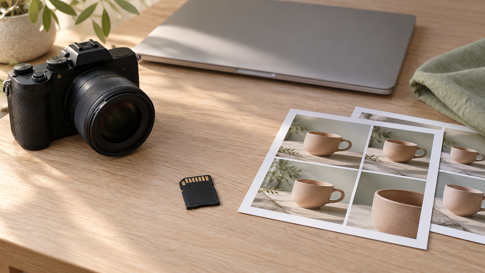 Capture One 16.9 Beta 2: Cocokkan Nama Berkas sebelum Retouch 1 Konsep kamera, kartu memori dan lembar pilihan foto di meja