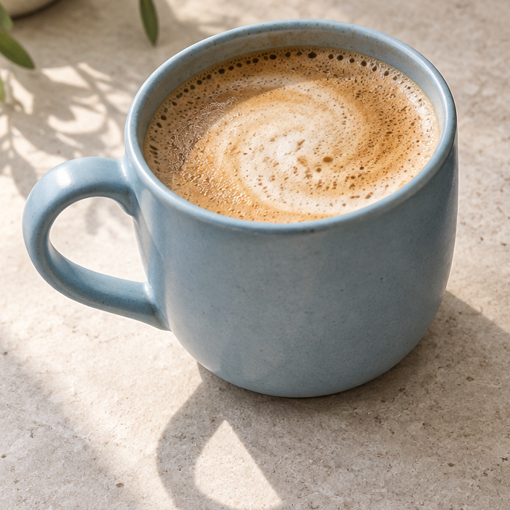 Detail crop of a pale blue ceramic cup with visible texture and a complete handle