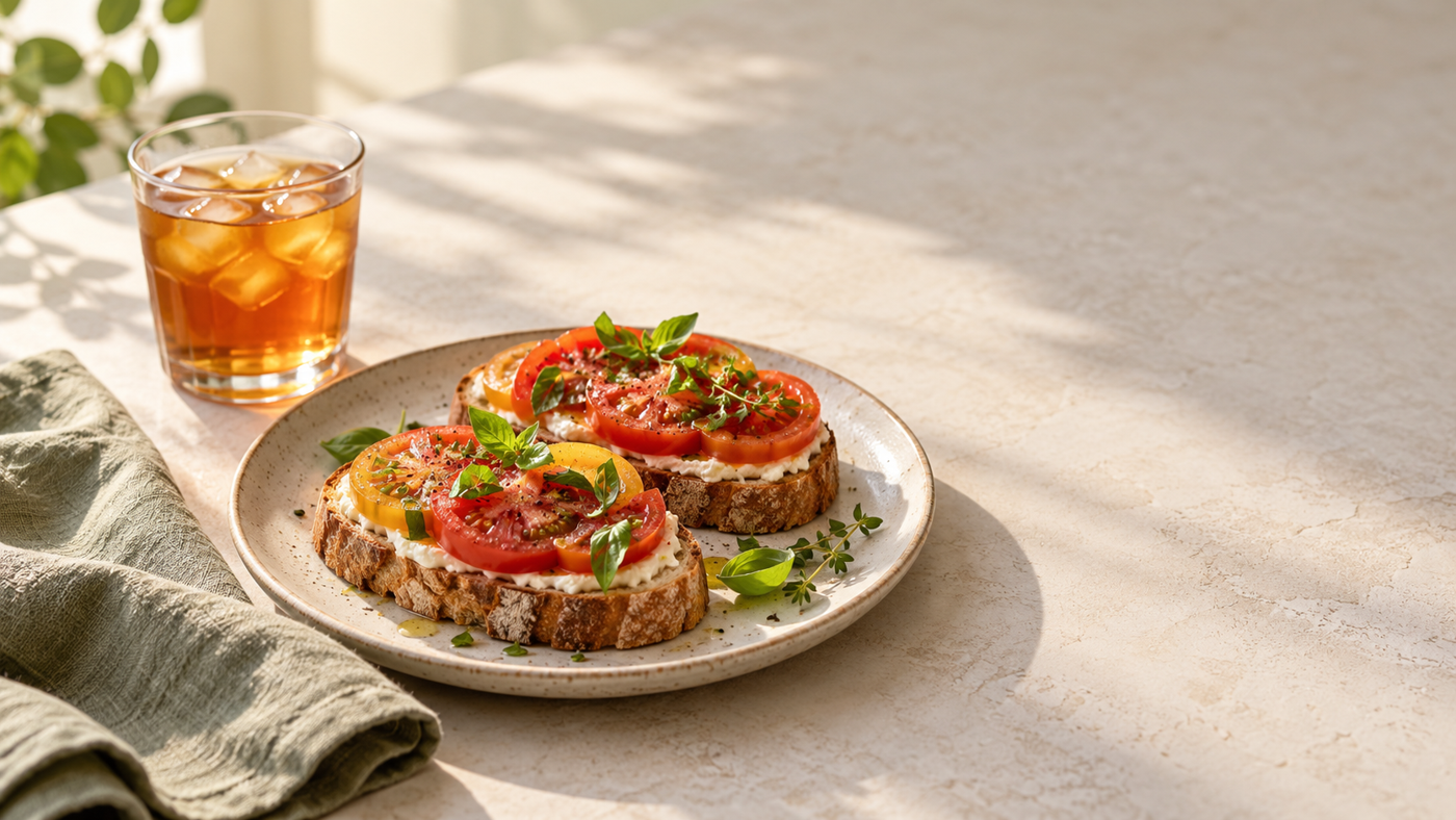 Natural Light Food Photography: A Practical Client Guide 4 Two slices of tomato toast with iced tea and an uncluttered background
