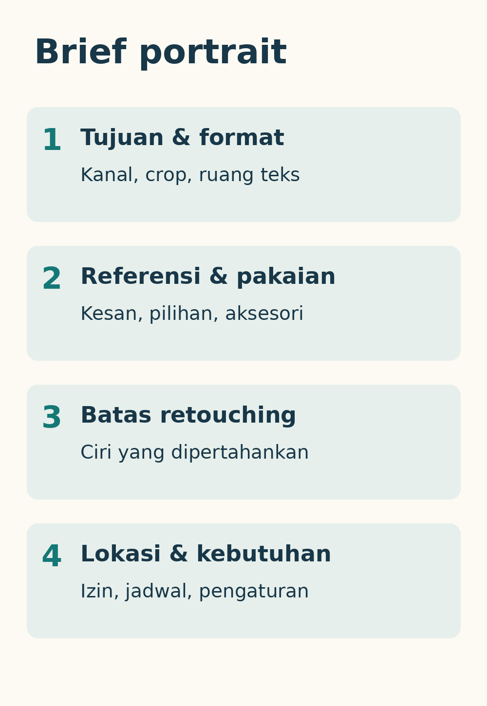 Checklist tujuan, referensi, batas retouching dan lokasi sesi portrait