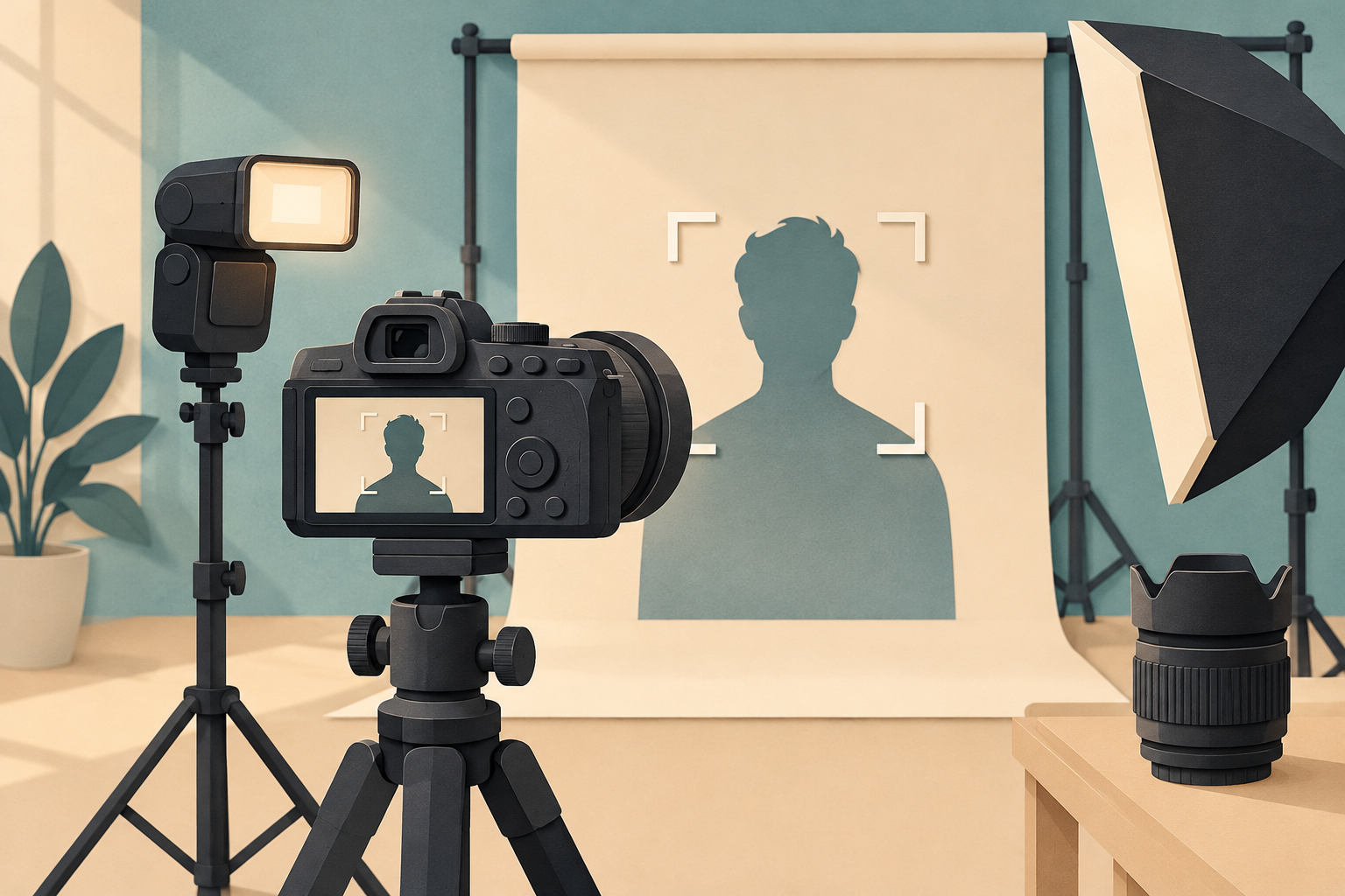 Conceptual camera, flash, lens and silhouette with focus brackets