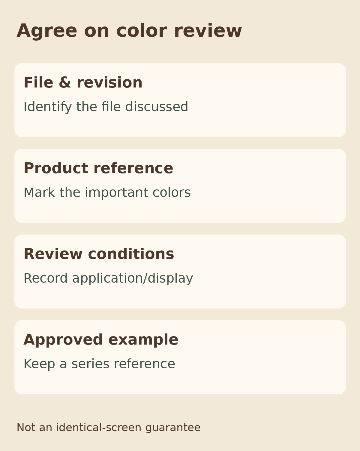 Product Photo Color Reference: Agree before Revisions 5 Four color approval items: file and revision, product reference, review conditions and a series example