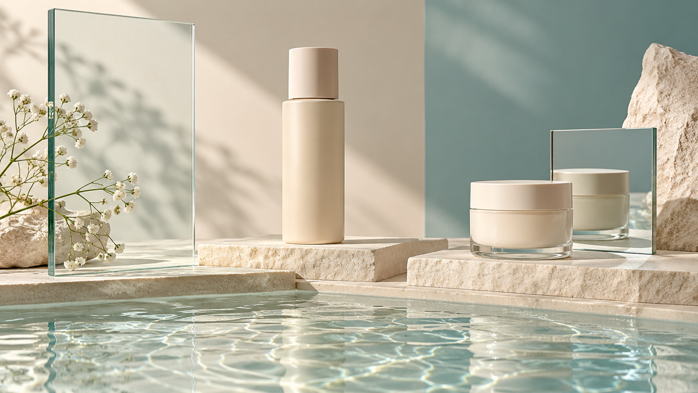 Product photography props concept with glass, a mirror and water around dry unbranded containers