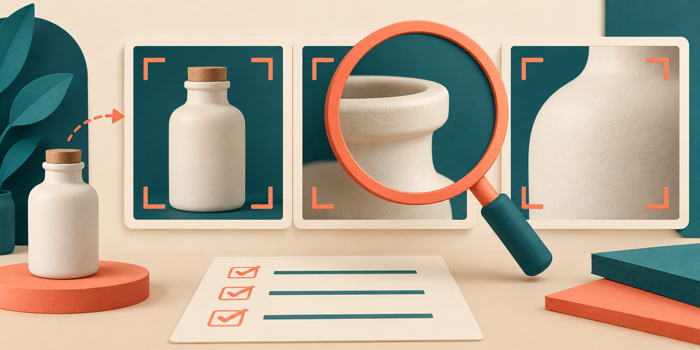 Conceptual product views with a magnifying glass highlighting rim and surface details