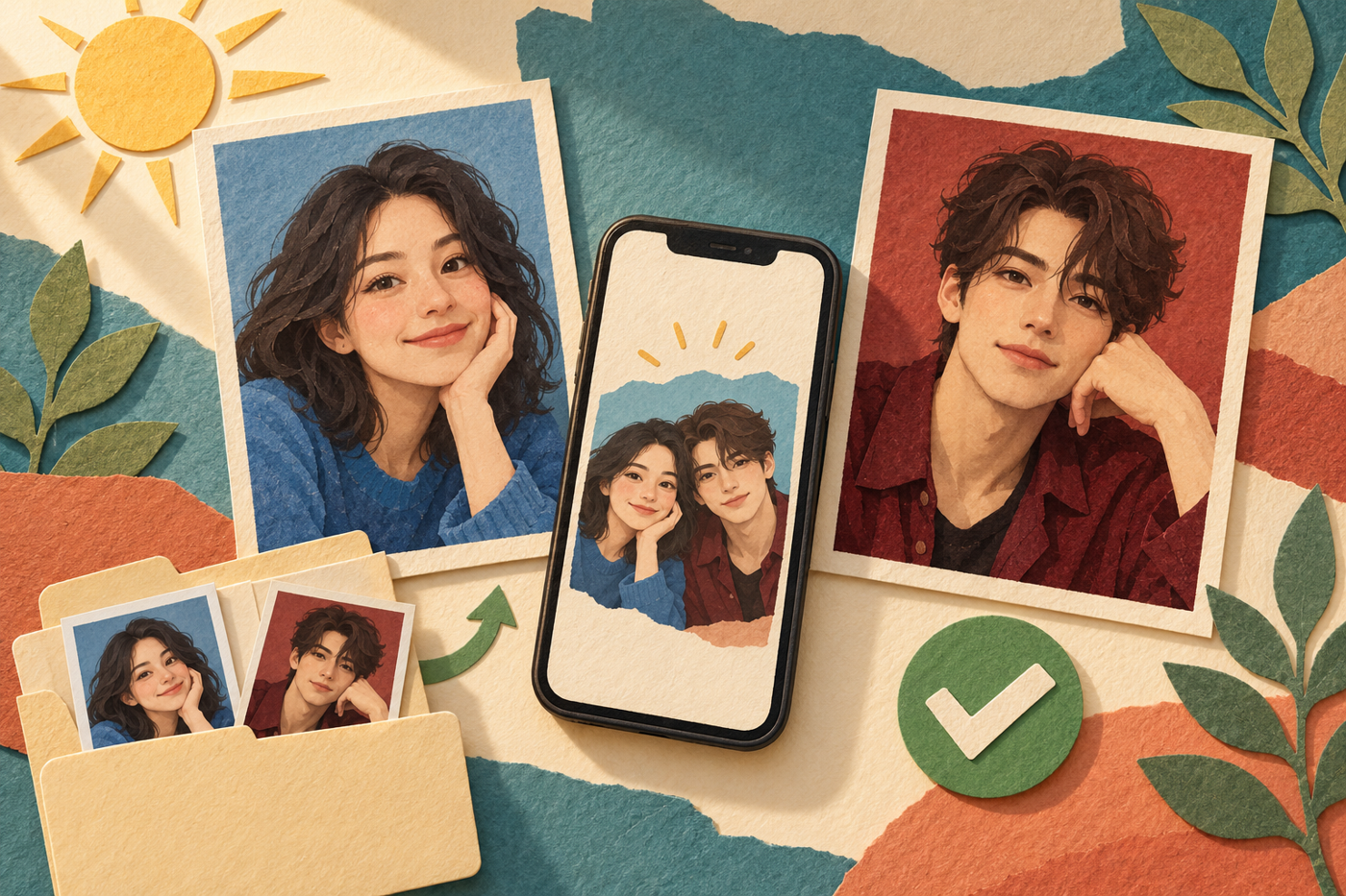 Two fictional portrait cards beside a phone, with a sun symbol and a folder of source pictures
